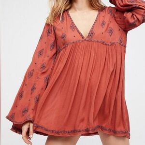 Free People Rust Diamond Embroidered Long Sleeve Tunic size XS